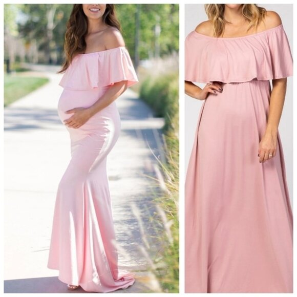 PinkBlush Ruffle Off Shoulder  Mermaid Maternity Photoshoot Gown/Dress mauve XL - Picture 2 of 13